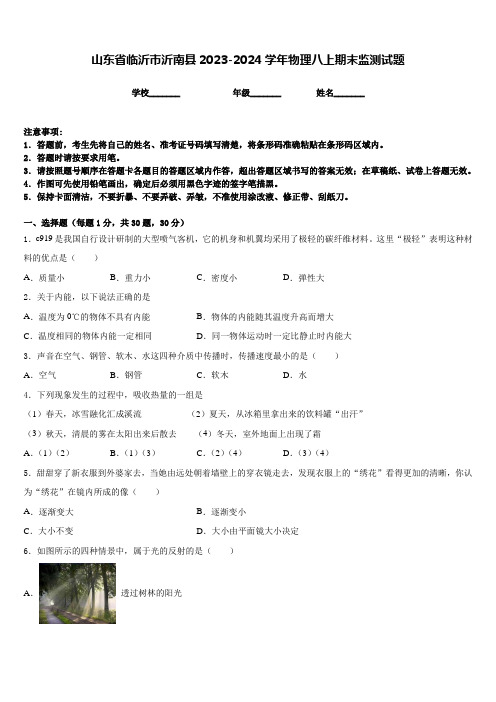 山东省临沂市沂南县2023-2024学年物理八上期末监测试题含答案