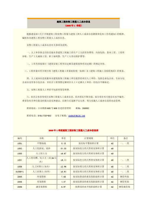 建筑工程实物工程量人工成本信息