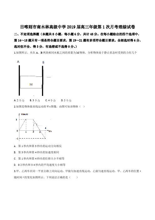 西藏日喀则市南木林高级中学2019届高三第一次月考理综物理试题(原卷版)