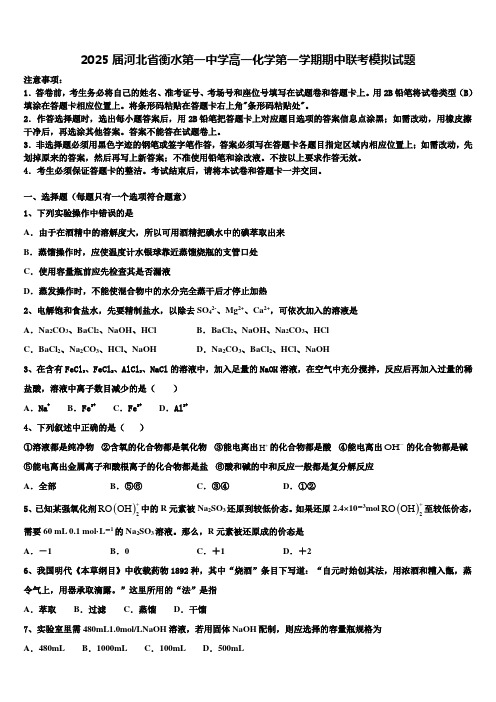 2025届河北省衡水第一中学高一化学第一学期期中联考模拟试题含解析