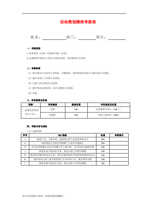 活动策划绩效考核表