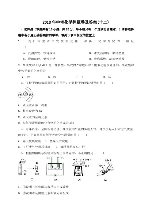 2018年中考化学押题卷及答案(十二)