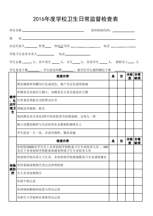 2016年学校卫生日常监督检查表