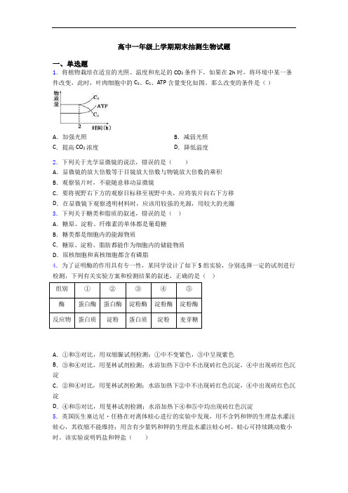 高中一年级上学期期末抽测生物试题