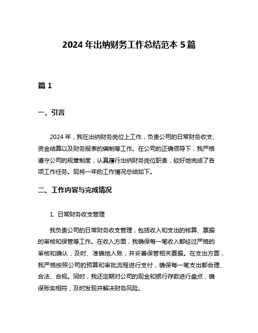 2024年出纳财务工作总结范本5篇