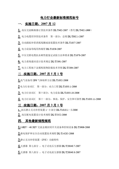 电力行业最新标准规范标号