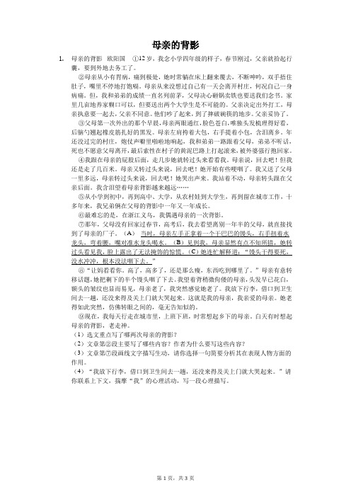 母亲的背影-初中语文阅读理解含答案