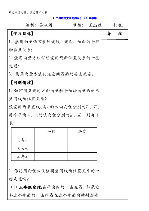 江苏省盐城市时杨中学2016-2017学年高中数学选修2-1:空间线面关系的判定(一)学案缺答案