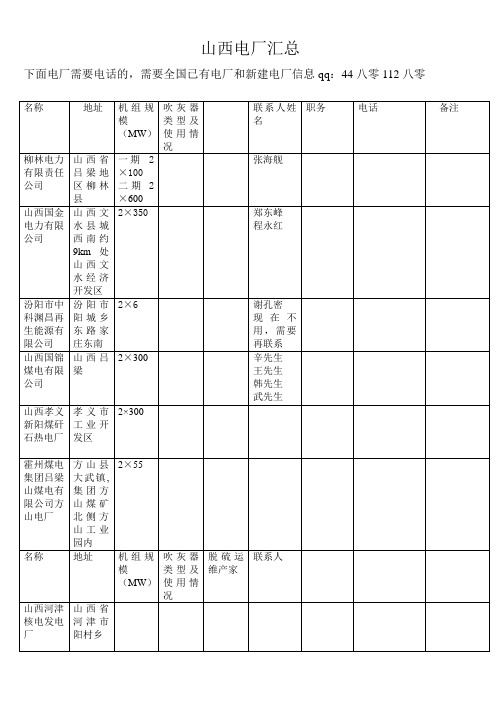 电厂项目信息表资料