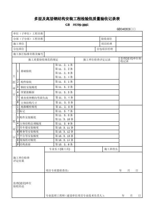 多层及高层钢结构安装工程检验批2402028doc