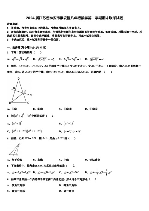 2024届江苏省淮安市淮安区八年级数学第一学期期末联考试题含解析