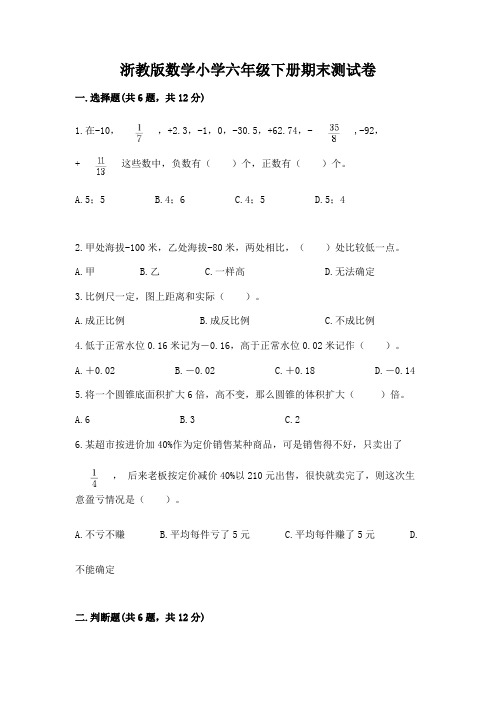 浙教版数学小学六年级下册期末测试卷带答案(精练)