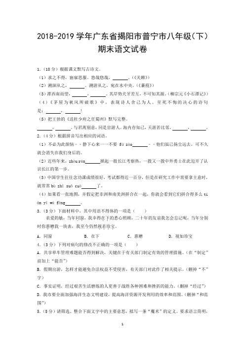 2018-2019学年广东省揭阳市普宁市八年级(下)期末语文试卷