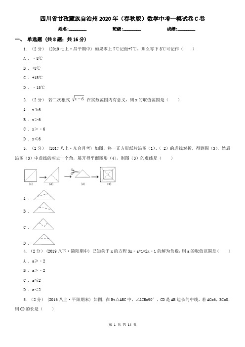 四川省甘孜藏族自治州2020年(春秋版)数学中考一模试卷C卷