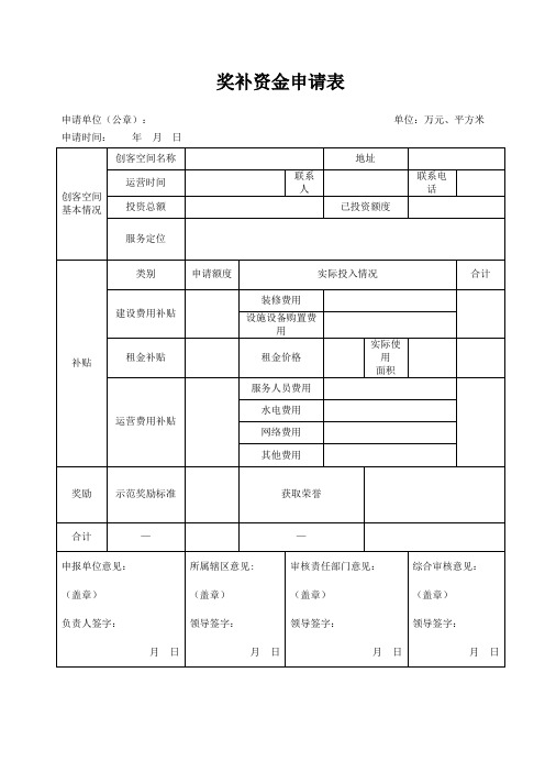 奖补资金申请表