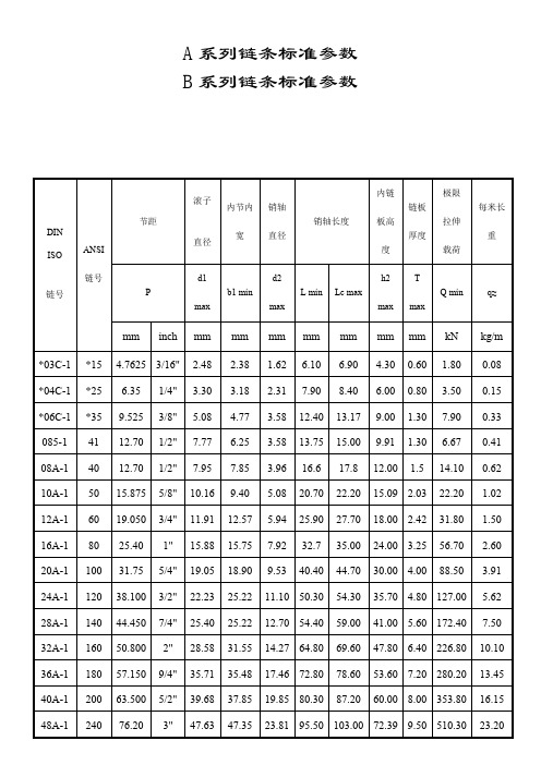 标准型号链条参数