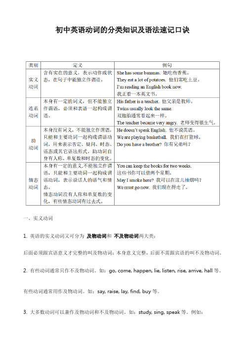 初中英语动词的分类知识及语法速记口诀