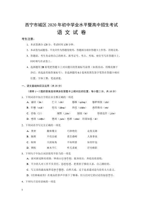 青海省西宁市城区2020年中考语文试题和参考答案详细解析