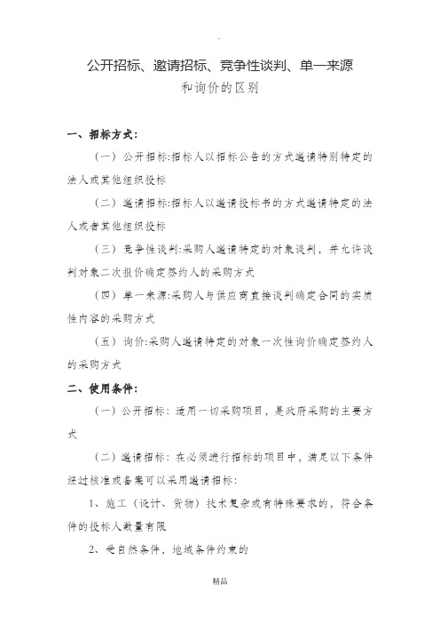 公开招标、邀请招标、竞争性谈判、单一来源和询价的区别