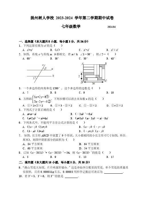 扬州树人学校 2023-2024 学年第二学期期中试卷-七年级数学试卷(后附参考答案)