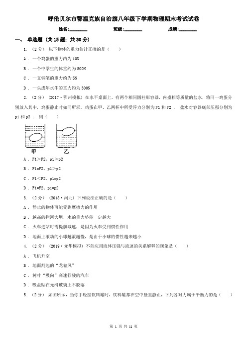 呼伦贝尔市鄂温克族自治旗八年级下学期物理期末考试试卷