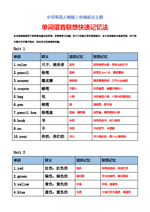 小学英语人教版三年级起点上册单词谐音联想快速记忆法