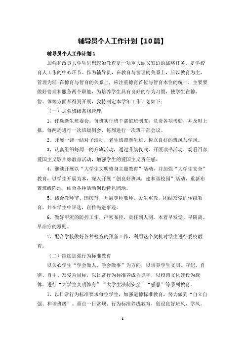 辅导员个人工作计划【10篇】