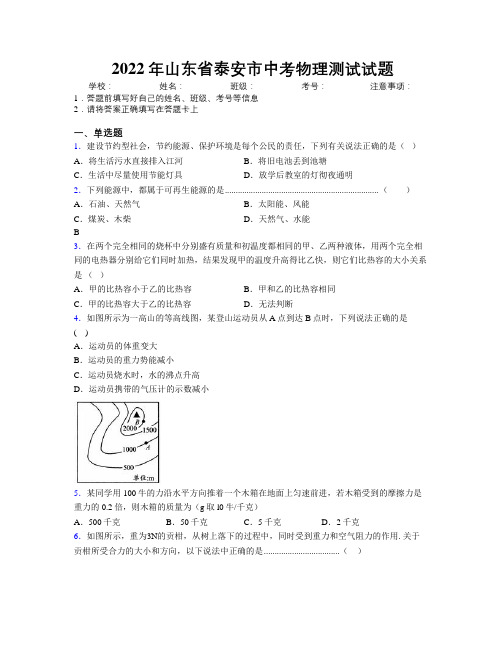 2022年山东省泰安市中考物理测试试题及解析