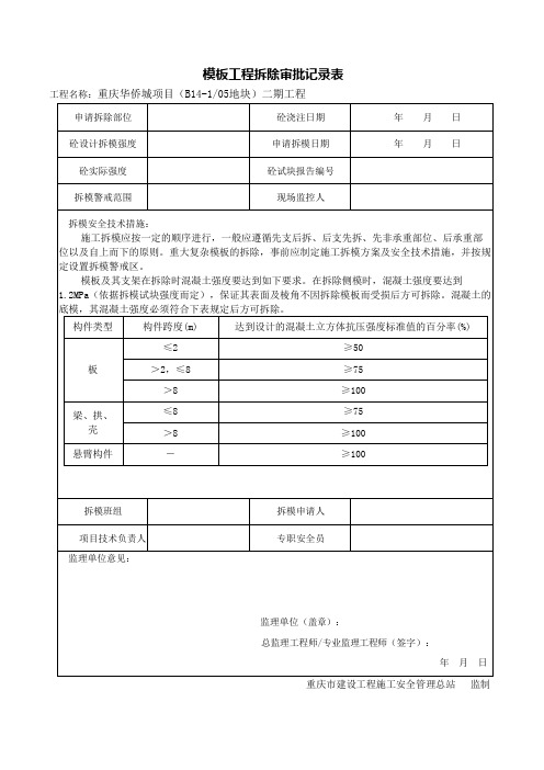 模板工程拆除审批记录表