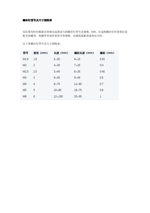 螺丝钉型号及尺寸规格表