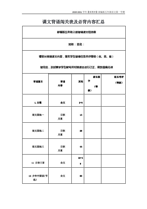 【新教材】部编版语文五年级上册背诵课文检测表