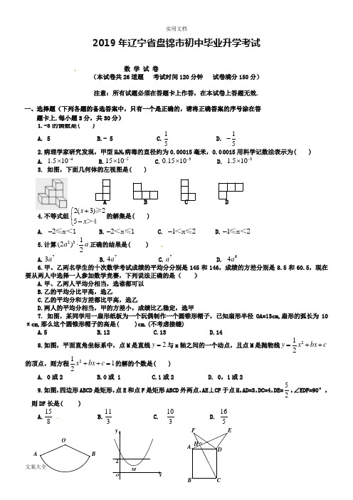 辽宁省盘锦市2019年中学考试数学精彩试题及问题详解【Word版】