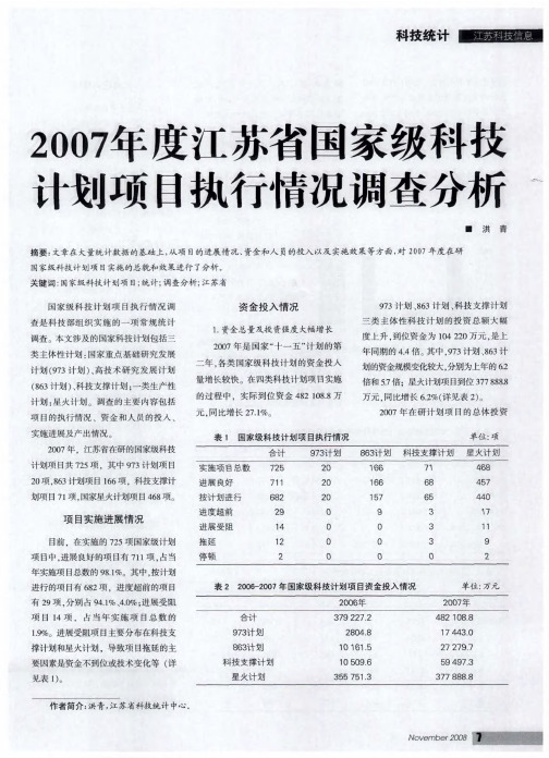 2007年度江苏省国家级科技计划项目执行情况调查分析