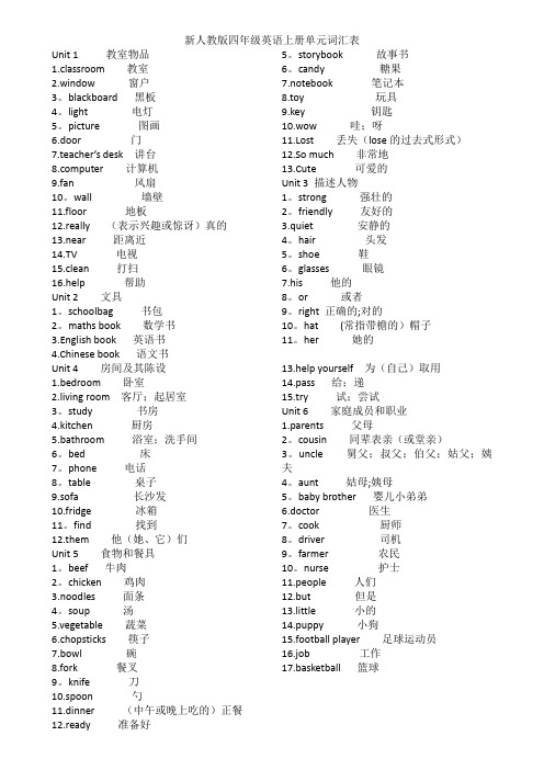 人教版四年级英语上册单元词汇表 打印