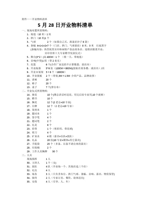 开业物料准备清单