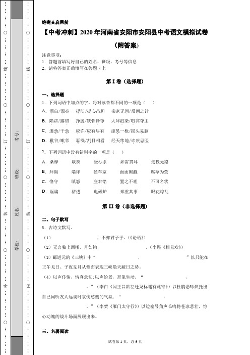 【中考冲刺】2020年河南省安阳市安阳县中考语文模拟试卷(附答案)