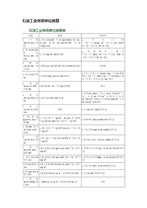 石油工业常用单位换算