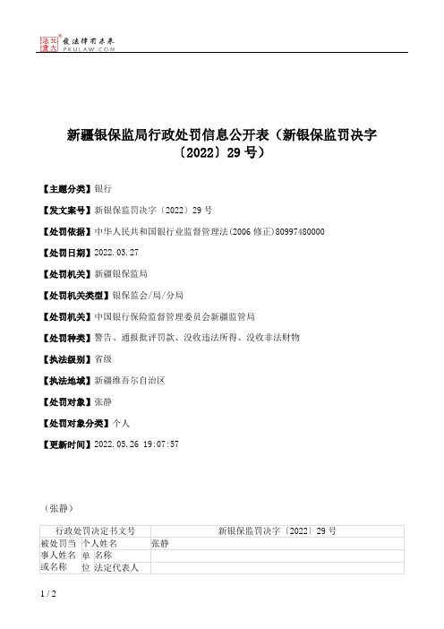 新疆银保监局行政处罚信息公开表（新银保监罚决字〔2022〕29号）