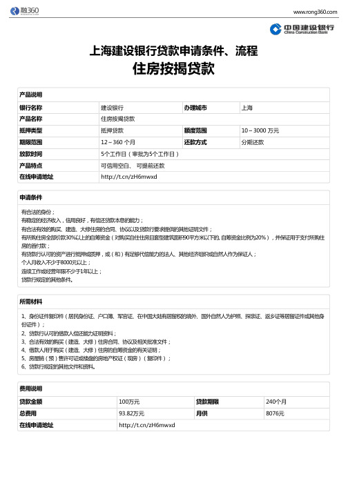 《住房按揭贷款》上海建设银行-房屋抵押贷款-申请条件、材料、流程、利率