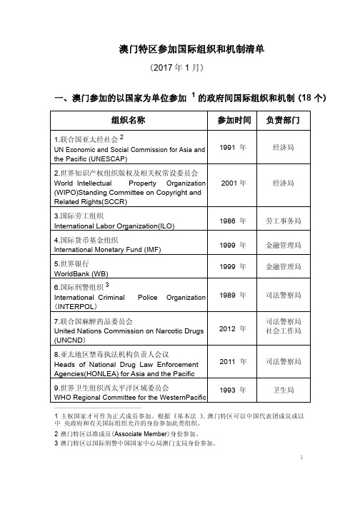 澳门特区参加国际组织和机制清单-驻澳门公署