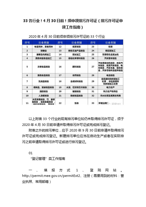 33各行业！4月30日前！须申领排污许可证（排污许可证申领工作指南）