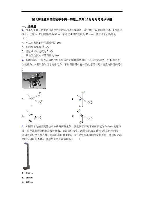 湖北湖北省武昌实验中学高一物理上学期10月月月考考试试题