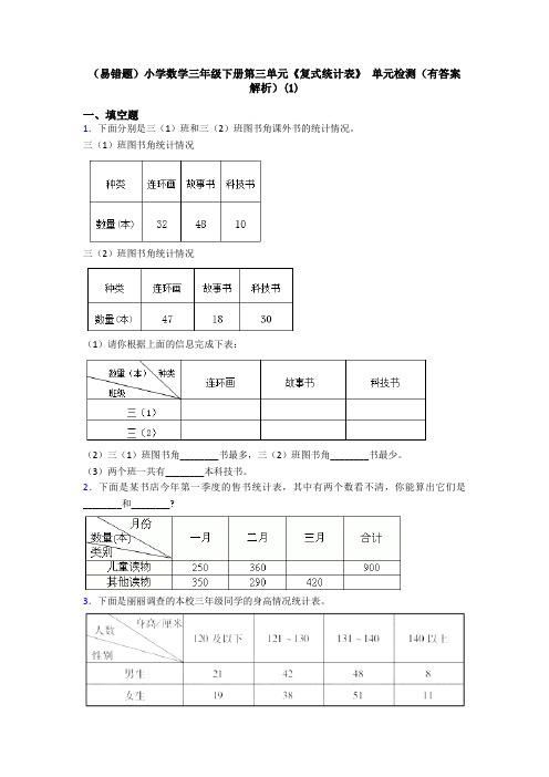 (易错题)小学数学三年级下册第三单元《复式统计表》 单元检测(有答案解析)(1)