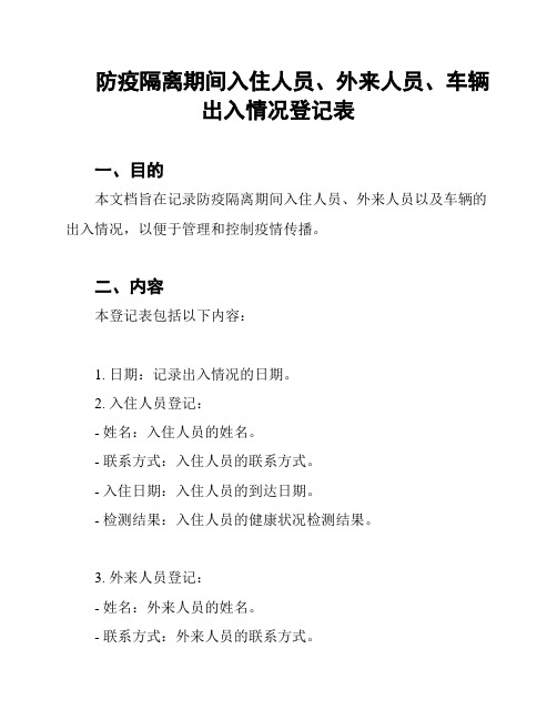 防疫隔离期间入住人员、外来人员、车辆出入情况登记表