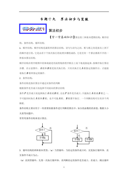 2019届全国卷高三数学艺体生、学困生补习资料,专题复习资料：专题(19)算法初步与复数(基础篇-含答案)