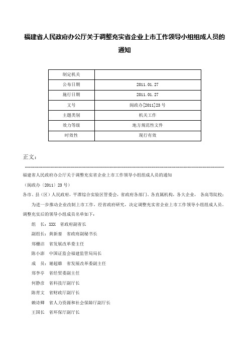 福建省人民政府办公厅关于调整充实省企业上市工作领导小组组成人员的通知-闽政办[2011]23号