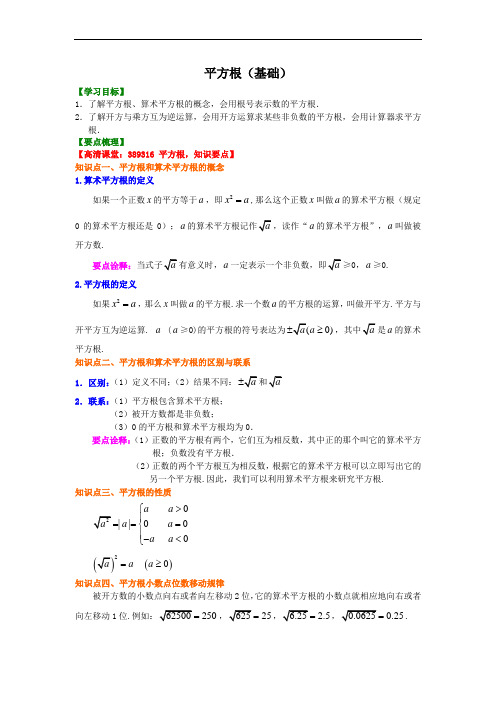 人教版初一数学下册：平方根(基础)知识讲解