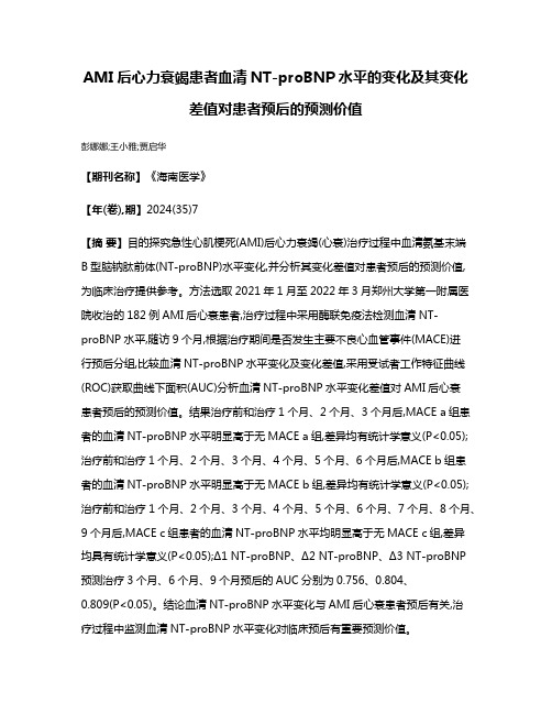 AMI后心力衰竭患者血清NT-proBNP水平的变化及其变化差值对患者预后的预测价值