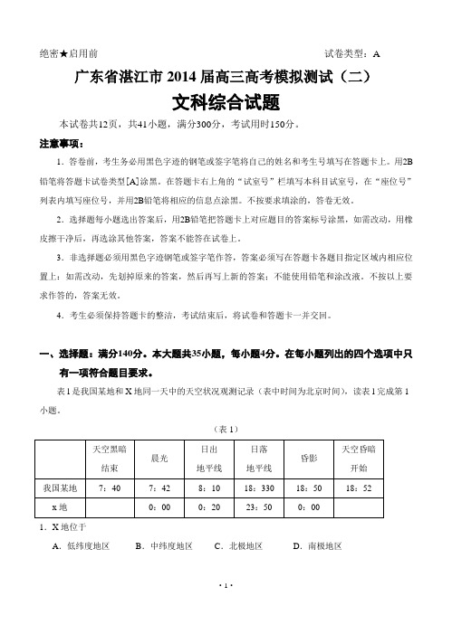 广东省湛江市2014届高三高考模拟测试(二)文综试题