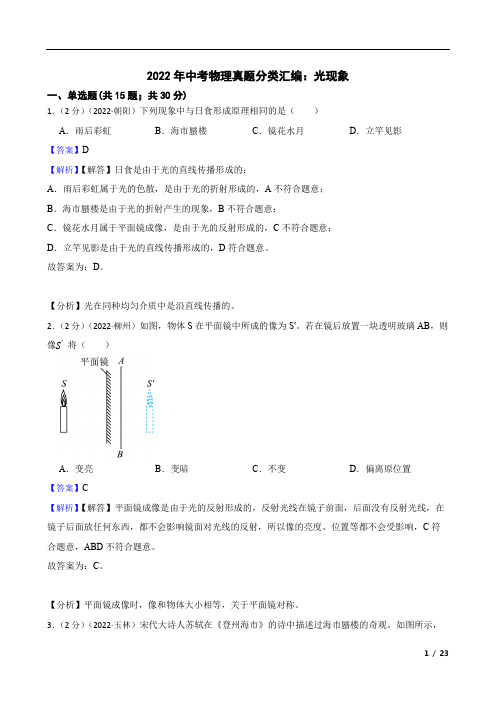 2022年中考物理真题分类汇编：光现象